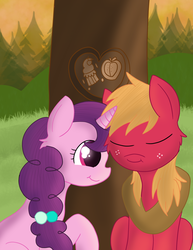 Size: 2550x3300 | Tagged: safe, artist:skyflys, big macintosh, sugar belle, g4, cute, female, high res, male, ship:sugarmac, shipping, straight, tree, tree carving