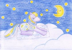 Size: 1024x719 | Tagged: safe, artist:normaleeinsane, pillow talk (g1), pony, g1, cloud, eyes closed, female, moon, solo, stars, traditional art