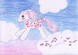 Size: 1024x721 | Tagged: safe, artist:normaleeinsane, yum yum, pony, g1, cloud, female, solo, traditional art