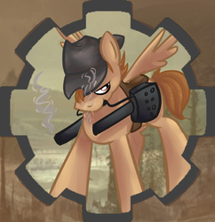 Size: 998x1032 | Tagged: safe, artist:rppirate, oc, oc only, oc:calamity, pegasus, pony, fallout equestria, battle saddle, dashite, fanfic, fanfic art, gun, hat, male, rifle, smoke, solo, spread wings, stallion, weapon, wings