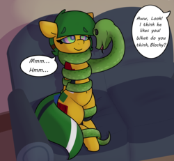 Size: 2500x2314 | Tagged: safe, artist:lockheart, oc, oc:blocky bits, pony, snake, belly button, coils, couch, dialogue, high res, kaa eyes, mind control, sitting