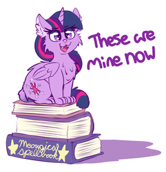Size: 1227x1271 | Tagged: safe, artist:graphene, twilight sparkle, alicorn, cat, pony, g4, :3, behaving like a cat, book, butt fluff, catified, cheek fluff, chest fluff, cute, dialogue, ear fluff, fangs, female, fluffy, horn, kittycorn, open mouth, simple background, sitting, smiling, smirk, solo, species swap, text, that pony sure does love books, twiabetes, twilight cat, twilight sparkle (alicorn), white background, wings