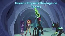 Size: 2032x1143 | Tagged: dead source, safe, artist:php77, editor:php77, queen chrysalis, sci-twi, spike, spike the regular dog, sunset shimmer, thorax, twilight sparkle, changeling, changeling queen, dog, equestria girls, g4, converse, glowing horn, hive, horn, shoes