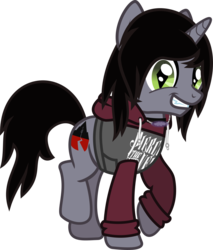 Size: 781x918 | Tagged: safe, artist:lightningbolt, derpibooru exclusive, pony, unicorn, g4, .svg available, clothes, disguise, disguised siren, fangs, grin, hair over one eye, hoodie, horn, jewelry, kellin quinn, looking at you, male, necklace, open mouth, pierce the veil, ponified, shirt, show accurate, simple background, sleeping with sirens, slit pupils, smiling, solo, stallion, svg, teeth, transparent background, undershirt, vector