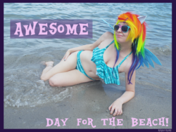 Size: 4608x3456 | Tagged: safe, artist:krazykari, rainbow dash, human, g4, beach, bikini, clothes, cosplay, costume, irl, irl human, photo, solo, swimsuit, two-piece swimsuit