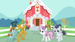 Size: 1395x785 | Tagged: safe, artist:jawsandgumballfan24, rumble, snails, snips, sweetie belle, pegasus, pony, unicorn, g4, angry, colt, cute, defending, female, filly, implied fight, male, ponyville schoolhouse, sad, scared, ship:rumbelle, shipping, shocked, spread wings, straight, this will end in a fight, wings