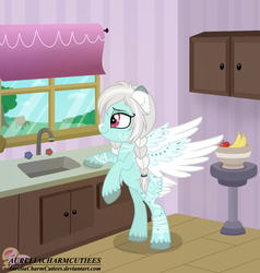 Size: 817x859 | Tagged: safe, artist:raspberrystudios, oc, oc only, pegasus, pony, commission, daydream, fruit bowl, interior, kitchen, kitchen sink, relax, relaxing, window