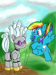 Size: 4572x6096 | Tagged: safe, artist:parassaux, rainbow dash, oc, oc:turing test, pegasus, pony, robot, robot pony, fanfic:the iron horse: everything's better with robots, g4, absurd resolution, cloud, fanfic, fanfic art, flying