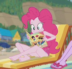 Size: 862x826 | Tagged: safe, screencap, feather bangs, pinkie pie, sci-twi, twilight sparkle, equestria girls, equestria girls series, friendship math, g4, animated, barefoot, clothes, cropped, cute, diapinkes, feet, female, flip-flops, legs, sandals, swimsuit