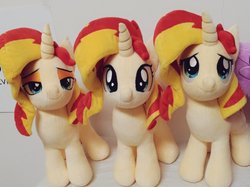Size: 1024x767 | Tagged: safe, artist:nekokevin, sunset shimmer, pony, unicorn, g4, bedroom eyes, cute, female, irl, looking at you, mare, multeity, photo, plushie, self ponidox, shimmerbetes, shimmerstorm, smiling, triality, trio