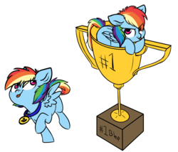 Size: 2357x2013 | Tagged: safe, artist:chub-wub, rainbow dash, pegasus, pony, g4, :p, cup, cup of pony, cute, dashabetes, female, filly, filly rainbow dash, high res, looking at you, looking back, mare, medal, micro, silly, simple background, solo, tongue out, transparent background, trophy, trotting, younger