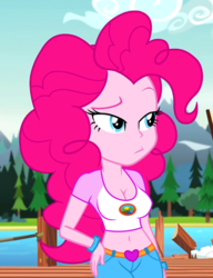 Size: 830x1080 | Tagged: safe, edit, edited screencap, editor:ah96, screencap, pinkie pie, equestria girls, g4, my little pony equestria girls: legend of everfree, adorasexy, belly button, breast edit, breasts, busty pinkie pie, cleavage, clothes, cropped, cute, female, midriff, raised eyebrow, sexy, short shirt, solo