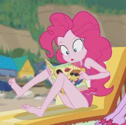 Size: 825x823 | Tagged: safe, screencap, pinkie pie, equestria girls, equestria girls series, friendship math, g4, animated, barefoot, beach chair, chair, clothes, cropped, cute, diapinkes, feet, female, gif, legs, ponk, solo, swimsuit