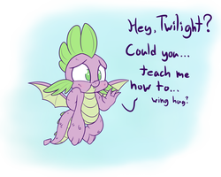 Size: 1500x1200 | Tagged: safe, artist:heir-of-rick, spike, dragon, g4, molt down, baby, baby dragon, cute, dialogue, flying, imminent winghug, implied twilight sparkle, male, nervous, no pupils, question, scales, solo, spikabetes, text, waving, winged spike, wings