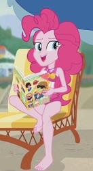 Size: 1153x2100 | Tagged: safe, screencap, feather bangs, pinkie pie, equestria girls, equestria girls series, friendship math, g4, barefoot, beach, clothes, cropped, feet, female, legs, magazine, one-piece swimsuit, pinkie pie swimsuit, solo, swimsuit