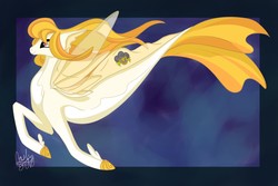 Size: 1500x1000 | Tagged: safe, artist:damonthedeer, oc, oc only, oc:storm shield, pegasus, seapony (g4), blue background, dorsal fin, female, fin, fin wings, fins, fish tail, flowing mane, flowing tail, happy, hoof shoes, mare, ocean, orange mane, orange tail, pink eyes, princess shoes, scales, seaponified, signature, simple background, smiling, solo, species swap, spread wings, swimming, tail, underwater, water, wings, ych result