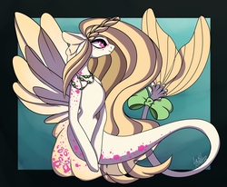 Size: 4500x3700 | Tagged: safe, artist:damonthedeer, oc, oc only, oc:gentle breeze, seapony (g4), braid, crepuscular rays, digital art, dorsal fin, feather, female, fin, fin wings, fins, fish tail, flowing mane, flowing tail, jewelry, long mane, mare, necklace, ocean, pearl necklace, ribbon, scales, seaponified, signature, smiling, solo, species swap, spread wings, sunlight, swimming, tail, underwater, water, wings