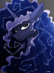 Size: 1758x2384 | Tagged: safe, artist:greyscaleart, color edit, edit, princess luna, alicorn, pony, g4, colored, constellation, constellation freckles, constellation hair, ethereal mane, female, freckles, greyscaleart is trying to murder us, limited palette, mare, simple background, solo, starry mane, traditional art