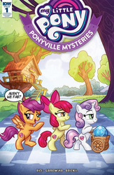 Size: 832x1280 | Tagged: safe, artist:tim shin, idw, apple bloom, imp the mimicker, scootaloo, sweetie belle, earth pony, mimicker, pegasus, pony, unicorn, g4, ponyville mysteries, spoiler:comic, spoiler:comicponyvillemysteries1, abbey road, bow, cart, clubhouse, cover, crusaders clubhouse, cutie mark, cutie mark crusaders, female, filly, hair bow, parody, spread wings, the cmc's cutie marks, trio, wings