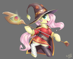 Size: 6000x4900 | Tagged: safe, artist:rosefluffdraws, fluttershy, pony, g4, absurd resolution, anime, blushing, clothes, cosplay, costume, cute, dress, female, gray background, hat, konosuba, mare, megumin, otakushy, shyabetes, simple background, skirt, smiling, solo, staff, witch, witch hat, wizard
