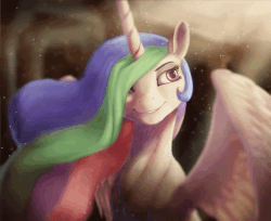 Size: 800x654 | Tagged: safe, artist:starblaze25, artist:theshadowscale, princess celestia, alicorn, pony, g4, animated, aside glance, bust, cheek fluff, chest fluff, cinemagraph, cute, cutelestia, dust motes, ear fluff, female, fluffy, grin, hair over one eye, lidded eyes, looking back, mare, missing accessory, neck fluff, portrait, sitting, smiling, solo, sparkles, spread wings, wing fluff, wings