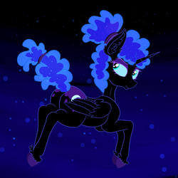 Size: 3000x3000 | Tagged: safe, artist:paskanaakka, derpibooru exclusive, nightmare moon, alicorn, pony, g4, abstract background, alternate hairstyle, colored hooves, ear fluff, eyeshadow, female, high res, looking back, makeup, mare, solo, unshorn fetlocks