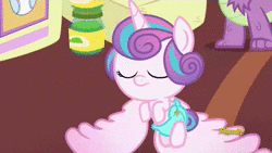 Size: 640x360 | Tagged: safe, screencap, princess flurry heart, pony, a flurry of emotions, g4, :t, animated, baby, baby pony, cute, diaper, female, flurrybetes, flying, frown, glare, levitation, looking up, magic, open mouth, pretending to be a bear, rawr, smiling, solo focus, sound, spread wings, telekinesis, underhoof, webm, wings