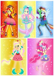 Size: 1600x2263 | Tagged: safe, artist:jucamovi1992, applejack, fluttershy, pinkie pie, rainbow dash, sunset shimmer, equestria girls, g4, alternate hairstyle, boots, clothes, gloves, high heel boots, high heels, leggings, looking at you, ponied up, shoes, sneakers, super ponied up, wings