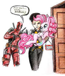 Size: 718x844 | Tagged: dead source, safe, artist:mrgodzillajodedor, pinkie pie, earth pony, human, pony, g4, comic, crack shipping, crossover, crossover shipping, deadpool, deadpool 2, do not disturb, female, imminent sex, interspecies, lesbian, lesbian in front of boys, male, mare, negasonic teenage warhead, pink warhead, shipping, spoilers for another series, trio, x-men, yukio