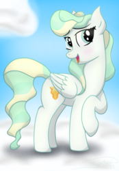 Size: 1250x1800 | Tagged: safe, artist:soctavia, vapor trail, pegasus, pony, g4, blushing, cloud, cute, cutie mark, female, flirting, hooves, looking at you, mare, on a cloud, open mouth, raised hoof, simple background, solo, standing on a cloud, wings