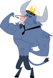 Size: 6400x9392 | Tagged: safe, artist:parclytaxel, iron will, minotaur, g4, once upon a zeppelin, .svg available, absurd resolution, captain hat, eyes closed, flexing, male, nose piercing, nose ring, piercing, pointing, pointing at self, septum piercing, simple background, solo, transparent background, vector