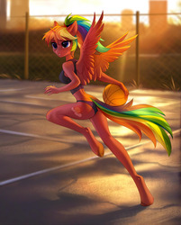 Size: 1280x1590 | Tagged: safe, alternate version, artist:tomatocoup, oc, oc only, oc:spectrum dash, alicorn, anthro, unguligrade anthro, alicorn oc, asphalt, ball, basketball, clothes, explicit source, female, rainbow hair, rainbow tail, solo, sports, street, sunset, swimsuit, wings, ych result