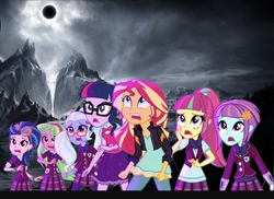 Size: 2048x1489 | Tagged: safe, editor:php77, indigo zap, lemon zest, sci-twi, sour sweet, sugarcoat, sunny flare, sunset shimmer, twilight sparkle, equestria girls, g4, cropped, scared, shadow five