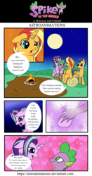 Size: 1600x3043 | Tagged: safe, hundreds of users filter this tag, flash sentry, spike, starlight glimmer, sunset shimmer, dragon, pegasus, pony, unicorn, comic:spike to the rescue, g4, campfire, comic, dialogue, holding hands, log, male, moon, ship:sparlight, shipping, speech bubble, straight, winged spike, wings