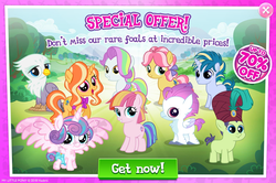 Size: 1084x720 | Tagged: safe, gameloft, idw, coconut cream, cucumber seed, gilded lily, graff, kettle corn, princess flurry heart, sea poppy, skeedaddle, toola roola, alicorn, classical hippogriff, crystal pony, earth pony, griffon, hippogriff, pony, unicorn, g4, advertisement, baby, chickub, colt, crack is cheaper, crystallized, diaper, female, filly, fledgeling, foal, game screencap, hippogriff filly, hmm, idw showified, li'l griffon, male, spread wings, turban, wings