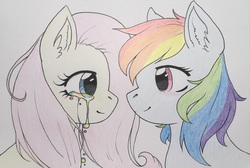 Size: 2616x1756 | Tagged: safe, artist:marshmallowbreeze, fluttershy, rainbow dash, pony, g4, blushing, couple, crying, female, lesbian, looking at each other, ship:flutterdash, shipping, simple background, sketch, smiling, teary eyes