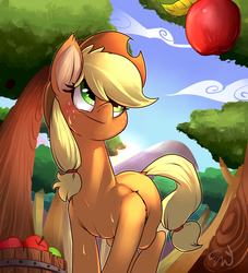 Size: 2000x2200 | Tagged: safe, artist:passigcamel, applejack, earth pony, pony, g4, apple, apple tree, bucket, female, food, high res, mare, smiling, solo, sweat, sweet apple acres, tree