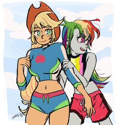 Size: 955x1000 | Tagged: safe, artist:nounoo, applejack, rainbow dash, equestria girls, g4, my little pony equestria girls: better together, belly button, board shorts, clothes, cowboy hat, female, freckles, hat, lesbian, midriff, ship:appledash, shipping, shorts, stetson, swimsuit, timid
