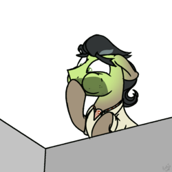 Size: 1200x1200 | Tagged: safe, artist:binkyt11, derpibooru exclusive, doctor caballeron, earth pony, pony, g4, eyebrows, green face, imminent vomiting, looking down, male, nauseous, neckerchief, puffy cheeks, sick, simple background, solo, stallion, stubble, white background