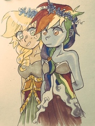 Size: 768x1024 | Tagged: safe, artist:nounoo, applejack, rainbow dash, equestria girls, g4, applejack also dresses in style, beautiful, blonde, clothes, dress, duo, female, hatless, missing accessory, rainbow dash always dresses in style, traditional art