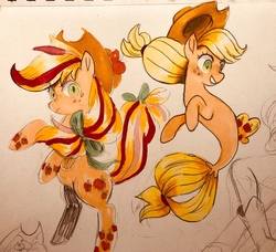 Size: 1280x1168 | Tagged: safe, artist:nounoo, applejack, earth pony, pony, seapony (g4), g4, cowboy hat, female, hat, looking at you, mare, marker drawing, rainbow power, seaponified, seapony applejack, simple background, species swap, traditional art, white background