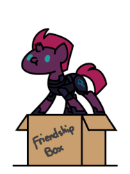 Size: 365x487 | Tagged: safe, artist:flutterluv, tempest shadow, twilight sparkle, alicorn, pony, unicorn, g4, my little pony: the movie, :d, :t, ambush, animated, armor, box, broken horn, cardboard box, chibi, cute, female, friendship, friendship box, hape, horn, hug, leaning, mare, open mouth, pony in a box, pose, simple background, smiling, spread wings, standing, twilight sparkle (alicorn), white background, wings