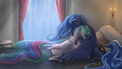Size: 2205x1240 | Tagged: safe, artist:bluespaceling, princess celestia, princess luna, alicorn, pony, g4, comforting, crying, duo, female, mare, missing accessory, royal sisters, sad, siblings, sisters