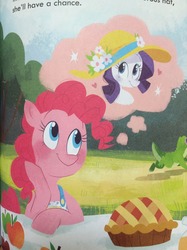 Size: 1280x1707 | Tagged: safe, gummy, pinkie pie, rarity, g4, book, food, little golden book, photo, pie, shipping fuel, text