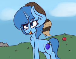 Size: 1300x1000 | Tagged: safe, artist:claudearts, oc, oc only, oc:meno, pony, pony town, :p, apple, coonskin cap, cute, food, silly, solo, tongue out