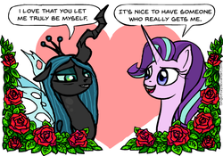 Size: 598x419 | Tagged: safe, artist:gingerfoxy, queen chrysalis, starlight glimmer, changeling, changeling queen, pony, unicorn, pony couple generator, g4, crack shipping, female, flower, glimmerlis, heart, lesbian, rose, shipping