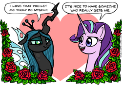 Size: 598x419 | Tagged: safe, artist:gingerfoxy, queen chrysalis, starlight glimmer, changeling, changeling queen, pony, unicorn, pony couple generator, g4, a better ending for chrysalis, crack shipping, female, flower, glimmerlis, heart, lesbian, rose, shipping, what if