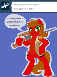 Size: 638x854 | Tagged: safe, artist:zombiethegreat, oc, oc only, oc:pun, earth pony, pony, ask pun, ask, bipedal, blue background, clothes, cutie mark, female, gun, hooves, looking at you, mare, optical sight, pun, rifle, shirt, simple background, sniper rifle, solo, vest, weapon