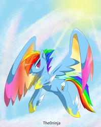 Size: 1021x1280 | Tagged: safe, artist:fusionkenn, rainbow dash, pegasus, pony, g4, colored wings, female, flying, solo, sun