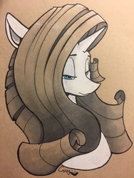 Size: 960x1280 | Tagged: safe, artist:greyscaleart, rarity, pony, unicorn, g4, bust, female, grayscale, lidded eyes, monochrome, partial color, signature, smiling, solo, traditional art